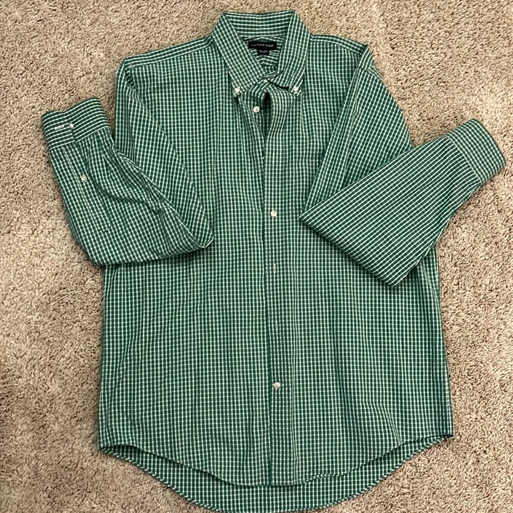 Lands End. Size 16 neck. Long sleeve casual shirt. Green check.
